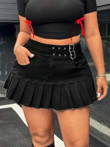 SHEIN ICON Plus Size Y2K Streetwear Elastic Pleated Denim Mini Skirt - Black - View 4