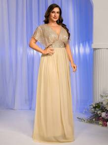 SHEIN Belle Vestido de cóctel de manga de murciélago con contraste brillante para mujeres de talla grande - Champán - Ver 6