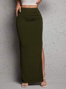 SHEIN PETITE 女士纯色褶皱开衩休闲 A 字裙