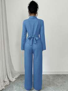 Firerie Women Regular Elegant Solid Color Long Sleeve Wrap Blouse And Pants Set, Suitable For Commute And Business, Spring/Summer/Fall - Blue - View 2