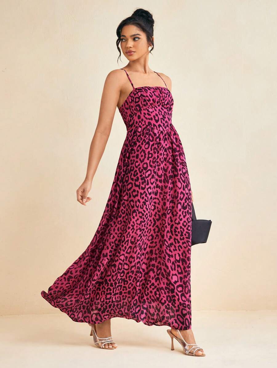 HIBA Pink Cheetah Chiffon Print Spaghetti Straps Black Ruched Cupped Bust Corset Women Maxi Dress - Multicolor - View 1