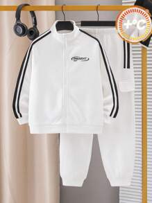 SHEIN 2pcs Set Tween Boy Casual Sports Letter Graphic Hooded Sweatshirt & Pants, Suitable For Commute, School, Daily Casual, Sports, Autumn/Winter
