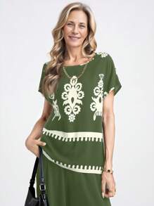 Miaspire Ladies' Spring/Summer Bohemian-Style Printed Top & Casual Solid Color Pants Set, Suitable For Beach Vacations - Army Green - View 4