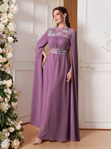 Al Najma 女士优雅花卉印花保守阿拉伯连衣裙、女士长裙、女士礼服、女士舞会礼服、女士长袖连衣裙、女士紫色连衣裙