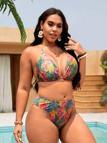 Swim Vcay Conjunto de bikini de escote halter con estampado de plantas tropicales para mujer de talla grande, casual para vacaciones