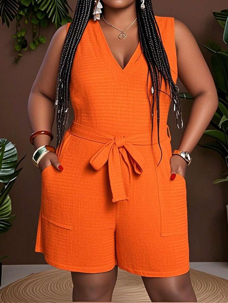 Slaydiva 2025 New Rave/Easter Outfit Women, Old Money Style Women, Country Concert Outfit, Going Out Outfits, Fairycore, Festival Outfits, Tropical Vacation Women Clothes, Summer Outfits For Women, Summer/Rave/European Summer, Spring Outfits, Western Wear Women Plus, Concert/Graduation Outfit, Versatile Daily Casual Simple Sleeveless Beach Elegant Textured Rompers With Pockets And Belt For Women - Orange - View 1