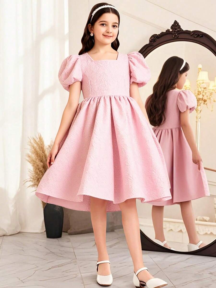 SHEIN Glamorique Kids Vestido de verano elegante con mangas abullonadas y ajuste ceñido en estilo jacquard para niñas preadolescentes, sofisticado y elegante, adecuado para el uso diario, fiestas y todo tipo de ocasiones, que muestra la nobleza y elegancia de un vestido de dama joven para bodas, invitada de boda, vestido bonito para niñas, vestido de rosa para niñas, vestido de princesa para niñas, vestidos para niñas jóvenes
