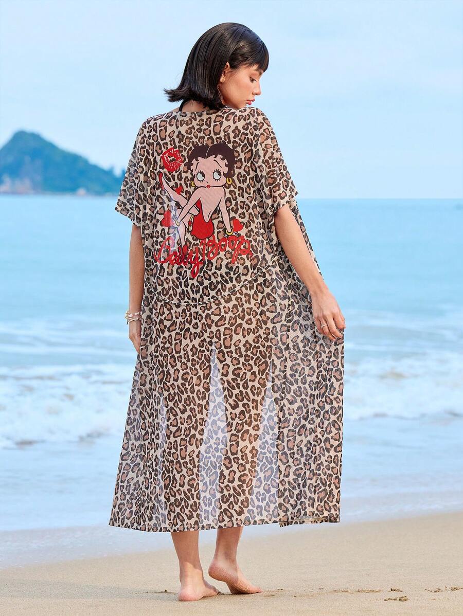 Betty Boop x SHEIN Kimono de verano para mujer con estampado de leopardo y figura como cubretraje - Marrón - Ver 1