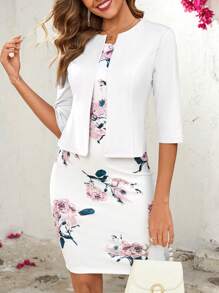 Ellevyn 2pcs Set: Women's Elegant Floral Print Bodycon Dress And Pink Knit Mid-Sleeve Cardigan, Suitable For Dates, Commute, And Daily Wear