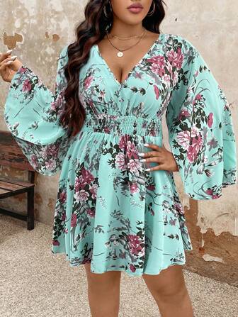 EMERY ROSE Plus Size Summer Floral Print V-Neck Split Sleeve Dress Fall Cloth For Women