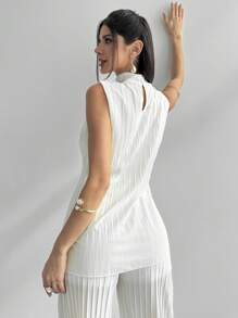 Firerie Ensemble chic de 2 pièces femme, Top sans manches col roulé élégant, sophistiqué, romantique, décontracté/travail et pantalon droit plissé taille haute blanc - Blanc - Voir 9