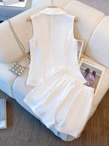 Franclia Elegant Fashion Gold Button White Blazer Vest & Shorts 2 Pieces Set For Women