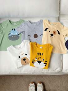 SHEIN Bộ 5 chiếc/bộ áo thun tay ngắn cổ tròn in hình động vật gấu và chó hoạt hình cho bé trai/bé gái, màu Macaron, thích hợp mặc trong nhà và ngoài trời vào mùa xuân/hè - Nhiều màu - Xem 5