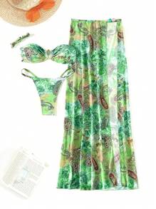 Swim SXY 3 件套春假女士沙滩装夏季服装，随机颜色花卉印花比基尼套装带金属装饰，三角形下装，高开叉裙，波西米亚风