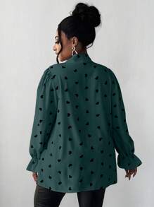 Maweii Plus Size Casual Commuter Heart Print V-Neck Tie Shirt - Teal Blue - View 5