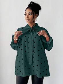 Maweii Plus Size Casual Commuter Heart Print V-Neck Tie Shirt - Teal Blue - View 6