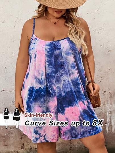 SHEIN CURVE+ Plus Size Women's Tie-Dye Pleated Casual Romper With Spaghetti Straps For Summer, Plus Size, Boho Vacation Beach Outfits For Woman/Beach Dress/Beach Vacation Outfits/Beach Essentials / Graduation/Tea Party Dress