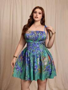 SHEIN MOD Plus Size Oil Painting Blue Floral Print Spaghetti Strap Fitted Waist Dress.Plus Size Dresses Summer.Tea Party Dress Women,Beach Dress Sundress,Holiday Outfits Boho - Multicolor - View 5