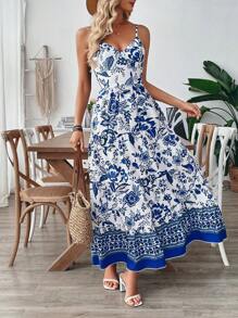 Breezaya Bohemian Elegant Floral Print Dress, Suitable For Spring/Summer Holiday - Blue - View 3