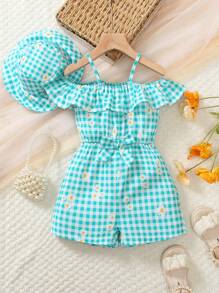 2pcs Set: Daisy Floral & Plaid All-Over Print Elastic Adjustable Spaghetti Strap Romper, With Matching Sun Hat. Comfortable & Skin-Friendly Woven Fabric, Suitable For Girls' Summer Beach, Outdoor, Party, Photo Shooting