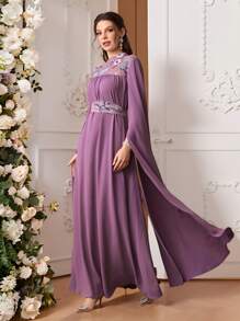 Al Najma 女士优雅花卉印花保守阿拉伯连衣裙、女士长裙、女士礼服、女士舞会礼服、女士长袖连衣裙、女士紫色连衣裙