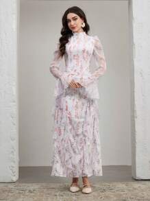 Graceveil Damen Extra Langes Kleid mit Blumen Muster, gerüschtem Saum und Bindegürtel, Modest Elegant