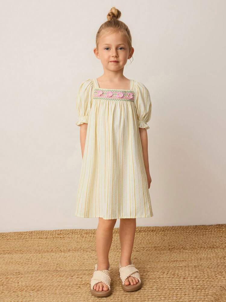 Young Girl Loose Casual Floral Decor Puff Sleeve Mini Dress