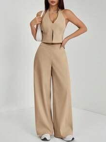 SHEIN PETITE Spring/Summer Office Lady V-Neck Sleeveless Top With Open Back & Wide Leg Pants, Slimming And Lengthening Outfit For Streetwear - Khaki - View 3