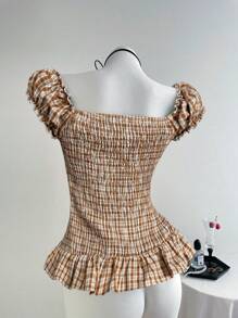 SHEIN Unity 女式复古绿色格子拼布刺绣碎花短袖衬衫，夏季时尚