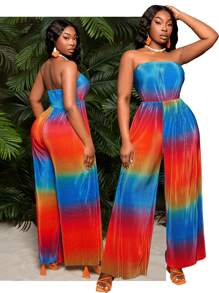 SHEIN SXY Plus Size Women's Sexy Pleated Strapless Jumpsuit, Loose Fit, Colorful, Suitable For Beach, Vacation, Party, Date Night, Birthday, Bachelorette, Cute, Casual, Shopping, Streetwear, Going Out, Slimming Effect, Accentuate The Figure - Multicolor - View 1