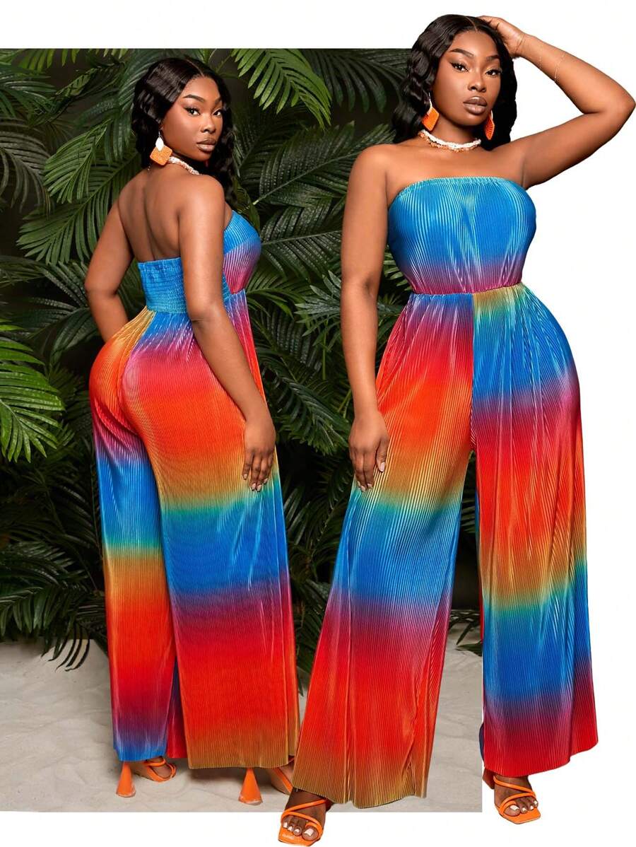 SHEIN SXY Plus Size Women's Sexy Pleated Strapless Jumpsuit, Loose Fit, Colorful, Suitable For Beach, Vacation, Party, Date Night, Birthday, Bachelorette, Cute, Casual, Shopping, Streetwear, Going Out, Slimming Effect, Accentuate The Figure - Multicolor - View 1