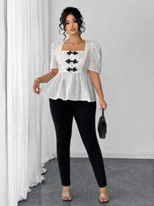 Elenzga Plus Size Elegant Daily Wear Square Neck A-Line Waist Closure Hollow Cotton Texture Women Short Sleeve Blouse, European And American Style, Spring/Summer - White - View 7