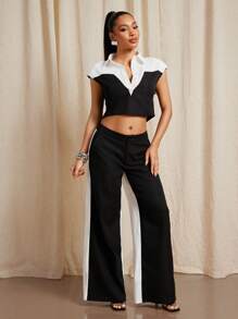 Vixey 拼色双色阔腿裤，商务休闲女装，女士办公室服装 - 黑與白 - 查看 3