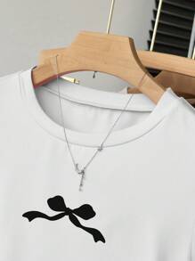 Teen Girls' Casual Versatile Simple Black Bow Print Short Sleeve T-Shirt - White - View 5