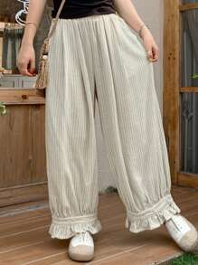 FRIFUL Quần vải lanh rộng rãi cho nữ đi làm thường ngày có viền xếp nếp - Xám - Xem 5