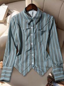 SHEIN LUNE Chemise à manches longues rayée décontractée pour le trajet, printemps/automne