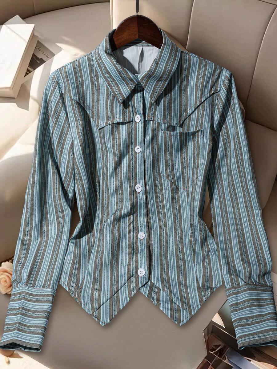 SHEIN LUNE Chemise à manches longues rayée décontractée pour le trajet, printemps/automne