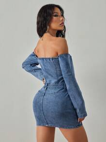 SHEIN ICON 1 件女式露肩弹力修身洗水牛仔连衣裙