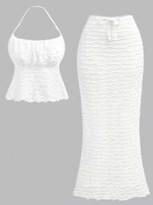SHEIN Girlism 少女两件套 - 夏季、海滩、返校、休闲、提花纹理纯色吊带背心和迷你裙 - 白色 - 查看 8