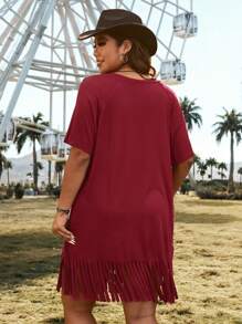 CovetEZ Plus Size Loose Round Neck Distressed Casual Fringed T-Shirt Dress - Burgundy - View 2