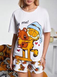 GARFIELD | SHEIN Bộ đồ ngủ cổ tròn tay ngắn in chữ và họa tiết hoạt hình dành cho nữ, mùa hè - trắng - Xem 1