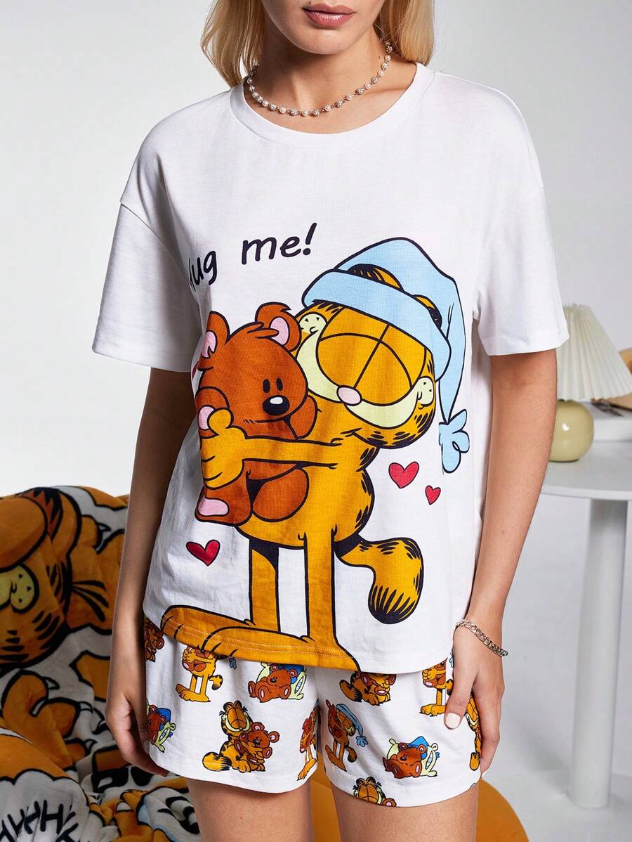 GARFIELD | SHEIN Bộ đồ ngủ cổ tròn tay ngắn in chữ và họa tiết hoạt hình dành cho nữ, mùa hè - trắng - Xem 1
