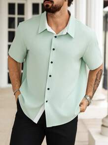 Manfinity Homme Plus Size Men's Solid Color Fashion Casual Shirt, Suitable For Summer - Green - View 1