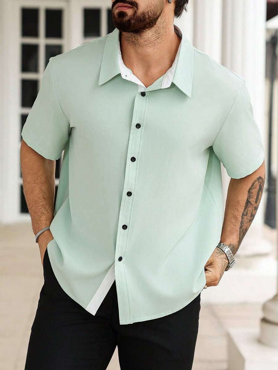 Manfinity Homme Plus Size Men's Solid Color Fashion Casual Shirt, Suitable For Summer - Green - View 1