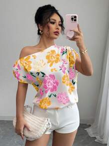 Elenzga Women's Multi-Color Printed Design Asymmetrical Neck Casual Blouse For Holiday - Pink - View 5