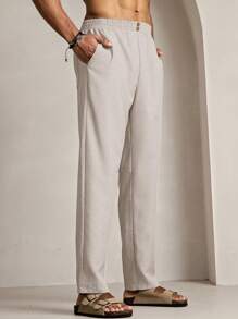 Manfinity VCAY 男士休闲梭织宽松纯色松紧腰直筒长裤 - 卡其色 - 查看 4