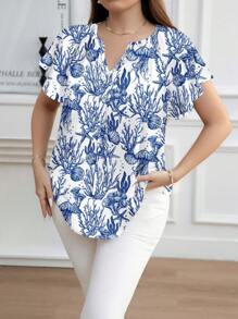 SHEIN Clasi Beach Resort Print Casual Loose Fit Round Neck Short Sleeve Plus Size Shirt, Suitable For Autumn/Winter - Blue and White - View 3