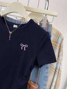 SHEIN 少女针织圆领刺绣蝴蝶结图案腰部褶皱设计短袖T恤，夏季，基本款，休闲款 - 藏蓝色 - 查看 4