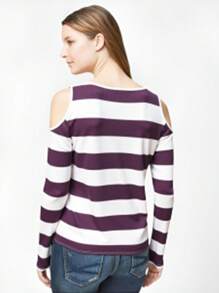 Camiseta de manga larga casual con hombros descubiertos con diseño de bloques de color y rayas para mujeres - Rosa Fucsia - Ver 2