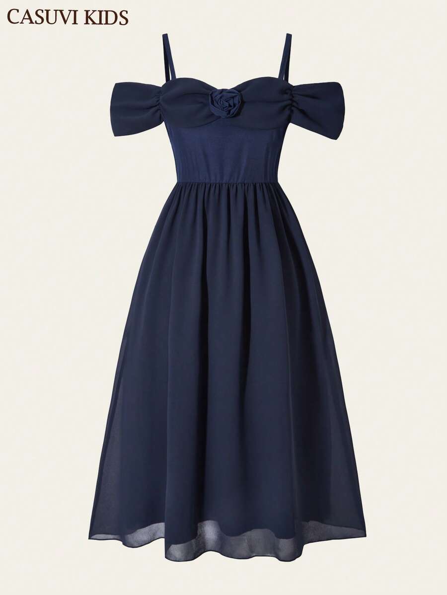 SHEIN Explorewe 1 件女童化装派对礼服，优雅长裙，适合日常装扮，青少年女童礼服